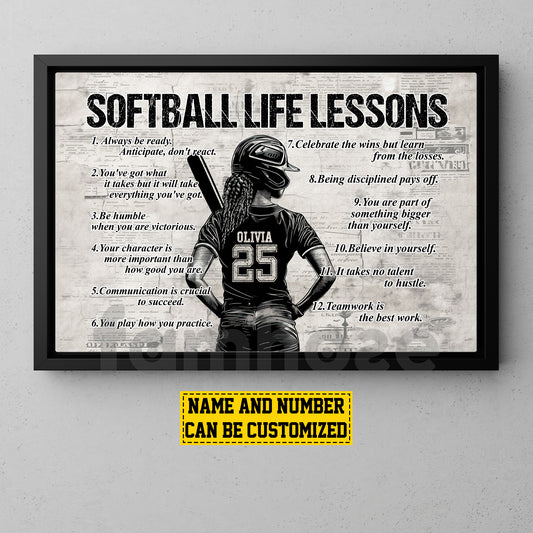 Personalized Motivational Softball African American Girl Canvas Painting, Sports Wall Art Decor, Poster Gift For Softball Lovers