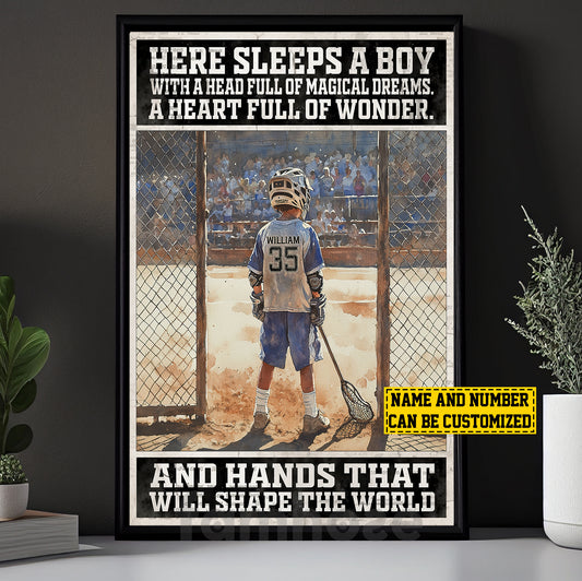 Personalized Lacrosse Boy Kid Canvas Painting, Here Sleeps A Boy Sport Wall Art Decor, Poster Gift For Lacrosse Lovers