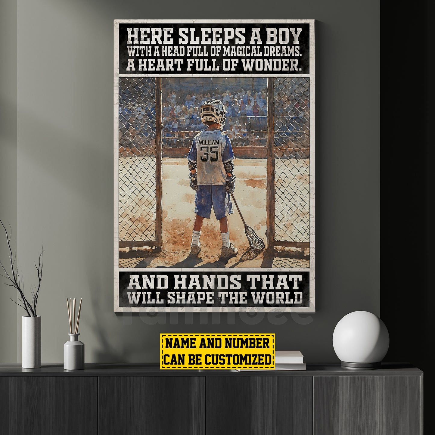 Personalized Lacrosse Boy Kid Canvas Painting, Here Sleeps A Boy Sport Wall Art Decor, Poster Gift For Lacrosse Lovers