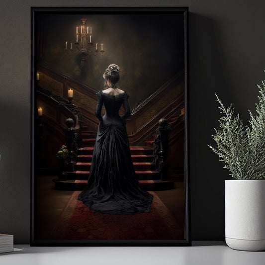 Powerful Woman Walking Alone On The Stairs, Mystery Canvas Painting, Wall Art Decor - Halloween Poster Gift