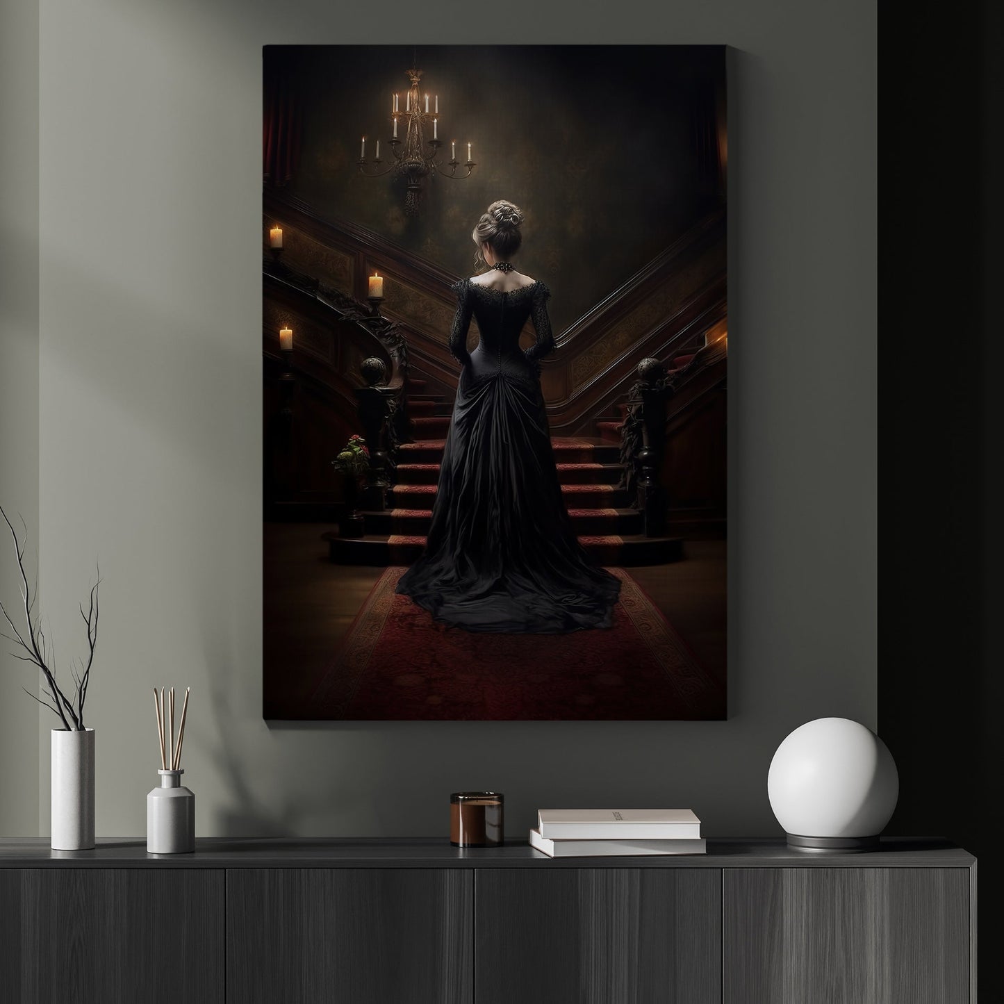 Powerful Woman Walking Alone On The Stairs, Mystery Canvas Painting, Wall Art Decor - Halloween Poster Gift