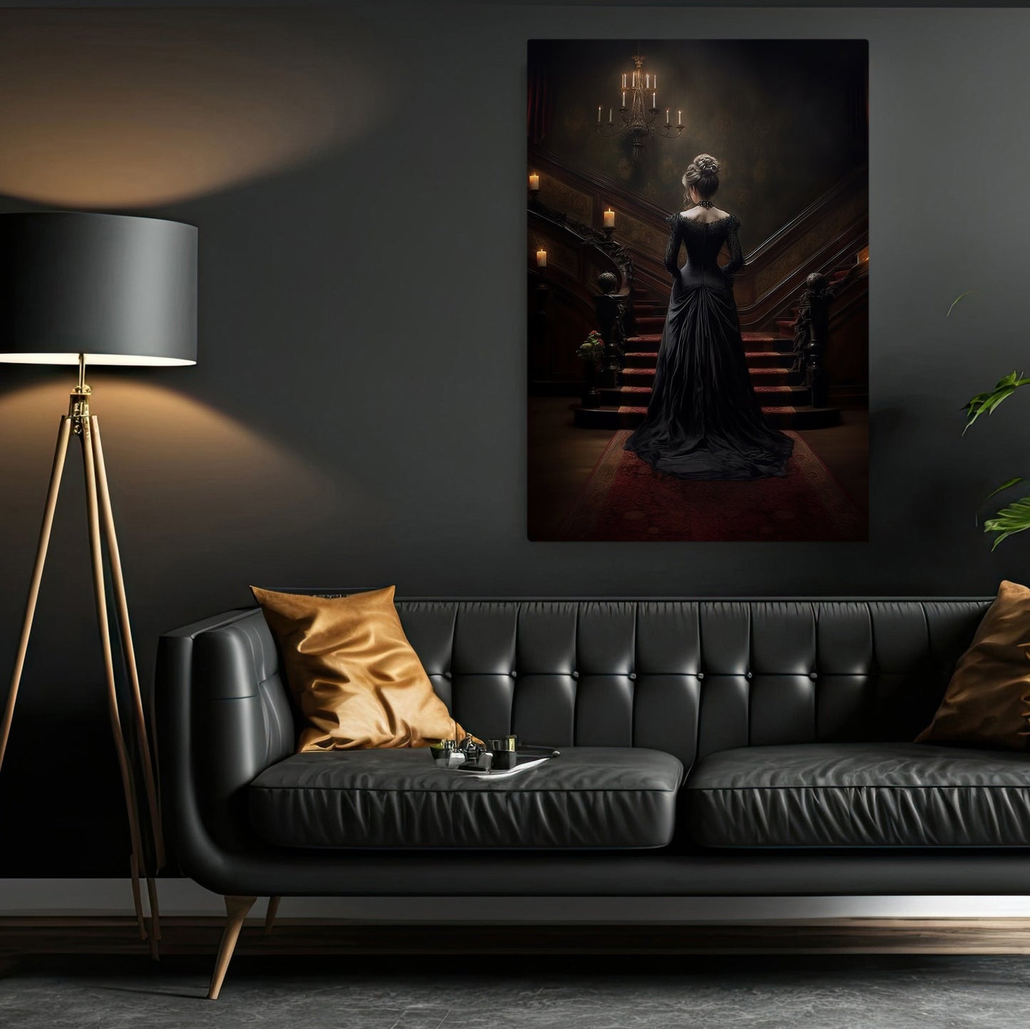 Powerful Woman Walking Alone On The Stairs, Mystery Canvas Painting, Wall Art Decor - Halloween Poster Gift