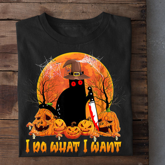 Cool Halloween Black Cat T-shirt, I Do What I Want, Gift For Cat Lovers, Cat Tees, Cat Owners