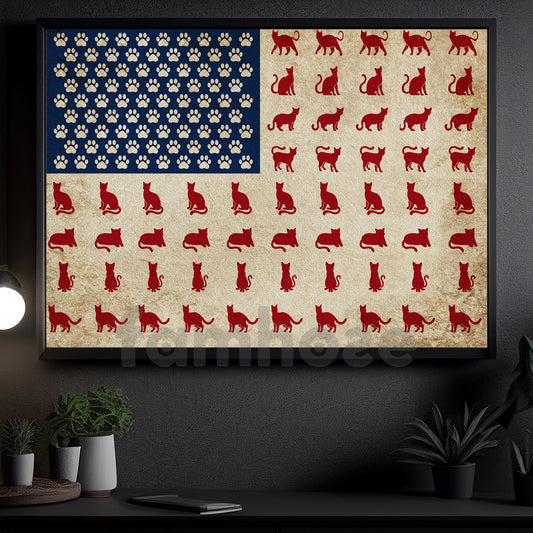 July 4th Cat Canvas Painting, American Flag Made From Cat Wall Art Decor, Poster Independence Day Gift For Cat Lovers