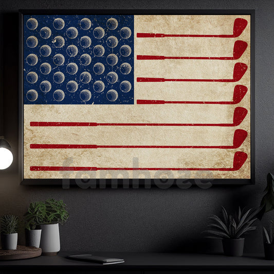July 4th Golf Canvas Painting, American Flag Made From Golf Sport Wall Art Decor, Poster Independence Day Gift For Golf Lovers