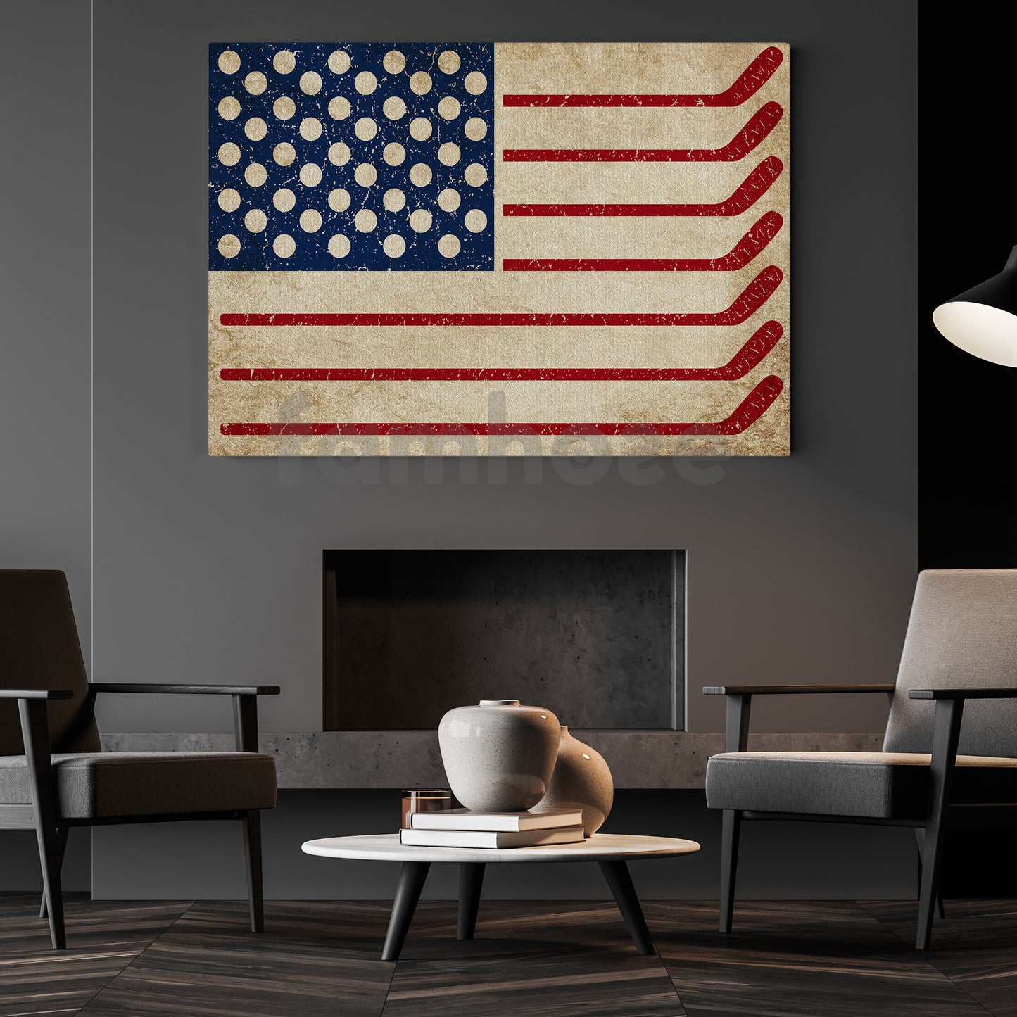 July 4th Hockey Canvas Painting, American Flag Made From Hockey Sport Wall Art Decor, Poster Independence Day Gift For Hockey Lovers