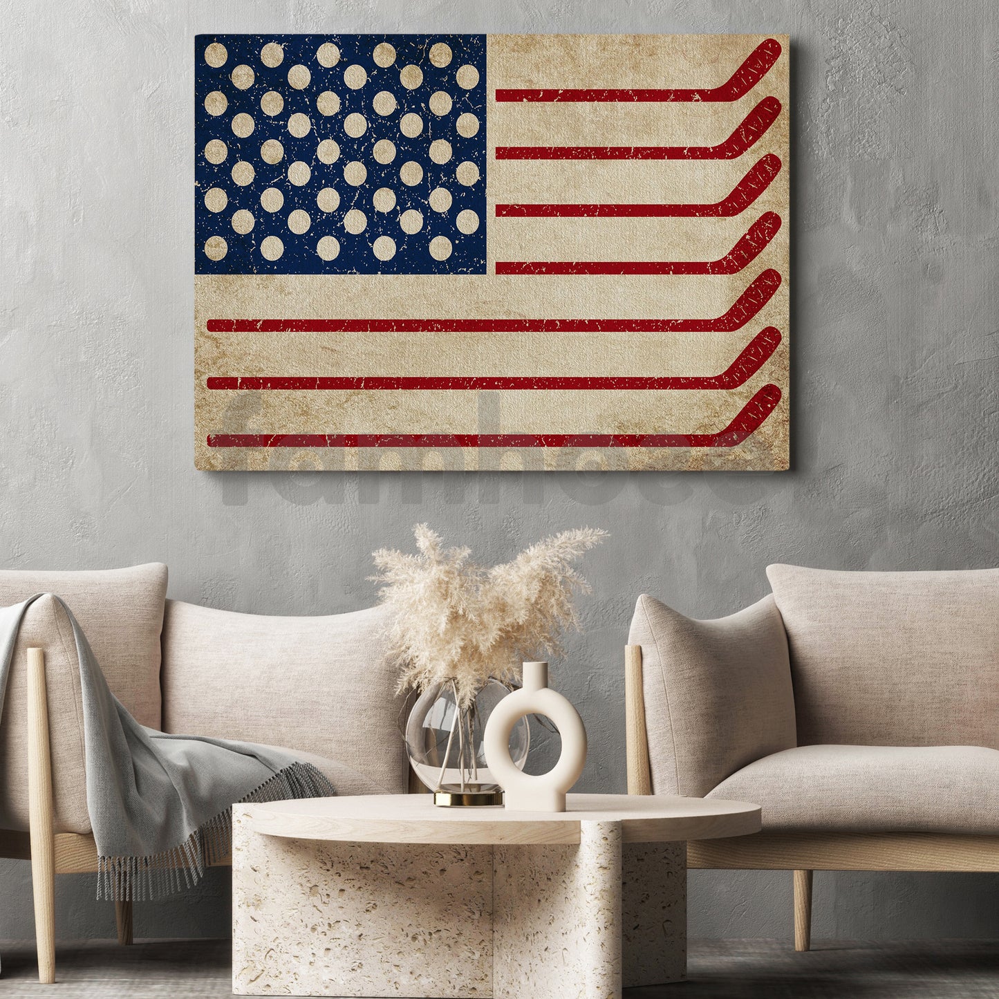 July 4th Hockey Canvas Painting, American Flag Made From Hockey Sport Wall Art Decor, Poster Independence Day Gift For Hockey Lovers