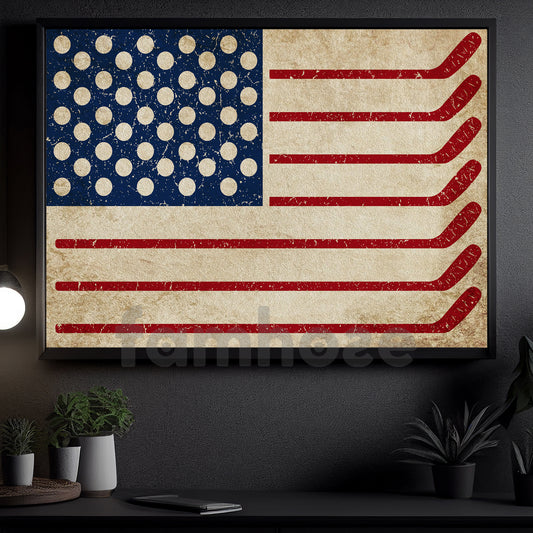 July 4th Hockey Canvas Painting, American Flag Made From Hockey Sport Wall Art Decor, Poster Independence Day Gift For Hockey Lovers