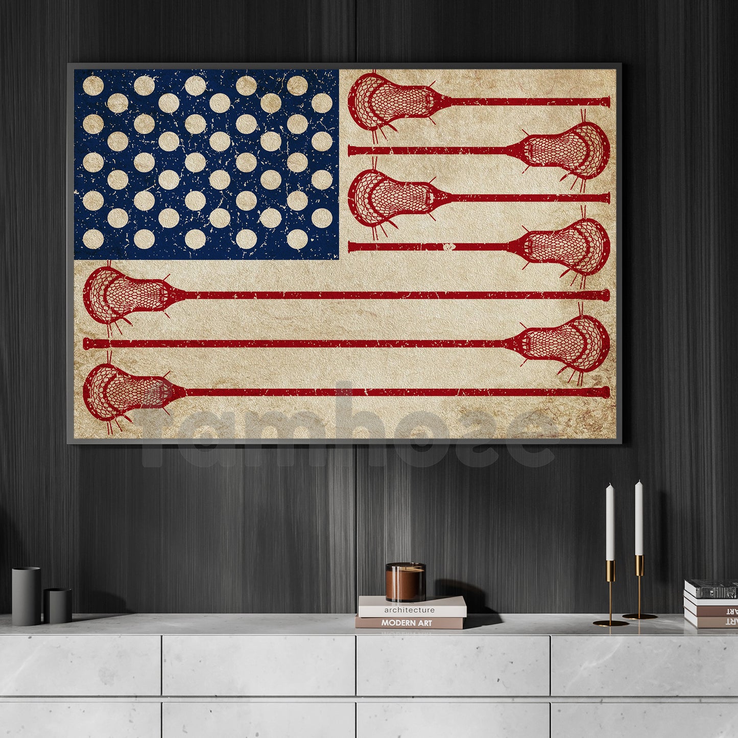 July 4th Lacrosse Canvas Painting, American Flag Made From Lacrosse Sport Wall Art Decor, Poster Independence Day Gift For Lacrosse Lovers