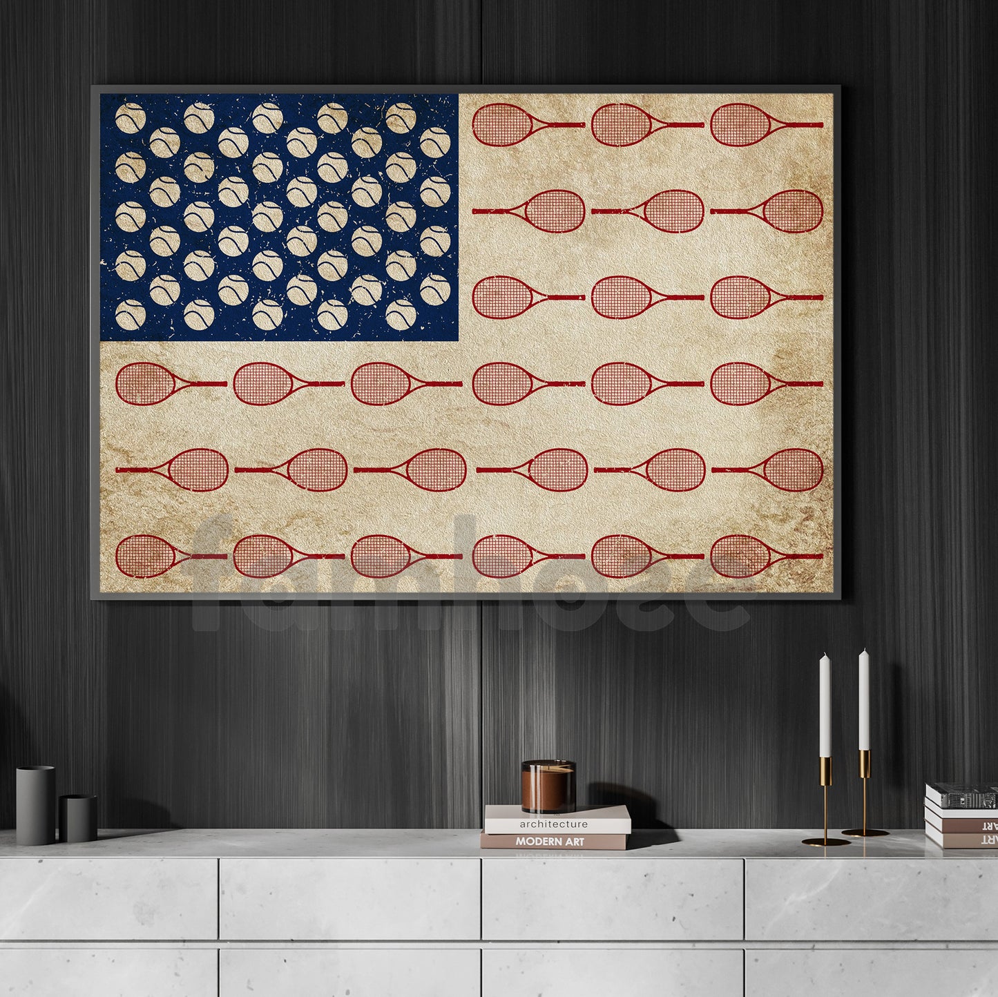 July 4th Tennis Canvas Painting, American Flag Made From Tennis Sport Wall Art Decor, Poster Independence Day Gift For Tennis Lovers