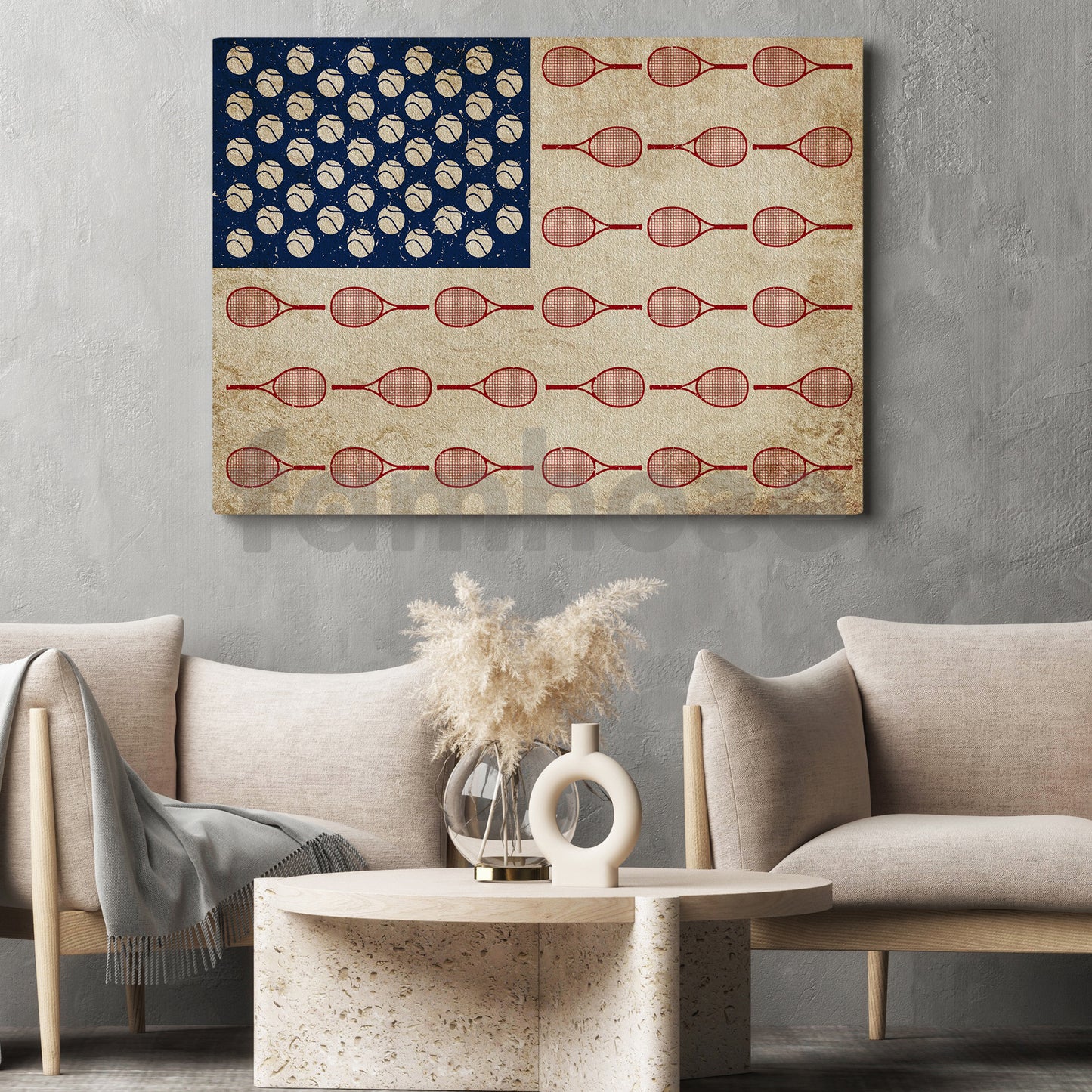 July 4th Tennis Canvas Painting, American Flag Made From Tennis Sport Wall Art Decor, Poster Independence Day Gift For Tennis Lovers