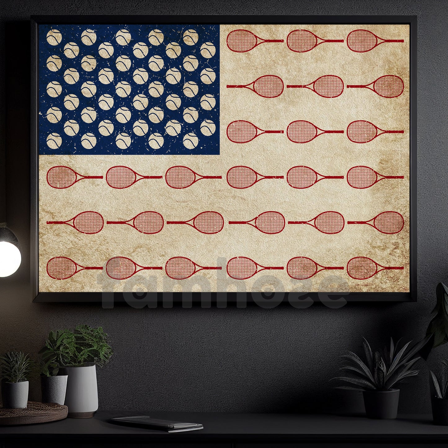 July 4th Tennis Canvas Painting, American Flag Made From Tennis Sport Wall Art Decor, Poster Independence Day Gift For Tennis Lovers