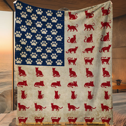 July 4th Cat Fleece Blanket, American Flag Made From Cat Woven Blanket, Sherpa Blanket Independence Day Gift For Cat Lovers