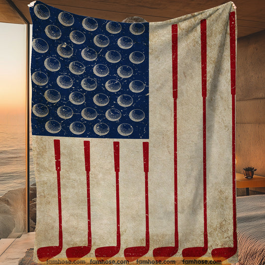 July 4th Golf Fleece Blanket, American Flag Made From Golf Sport Woven Blanket, Cool Sherpa Blanket Independence Day Gift For Golf Lovers