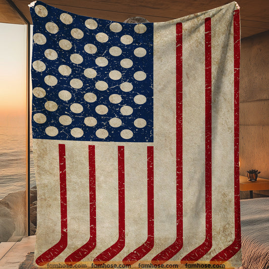 July 4th Hockey Fleece Blanket, American Flag Made From Hockey Sport Woven Blanket, Cool Sherpa Blanket Independence Day Gift For Hockey Lovers