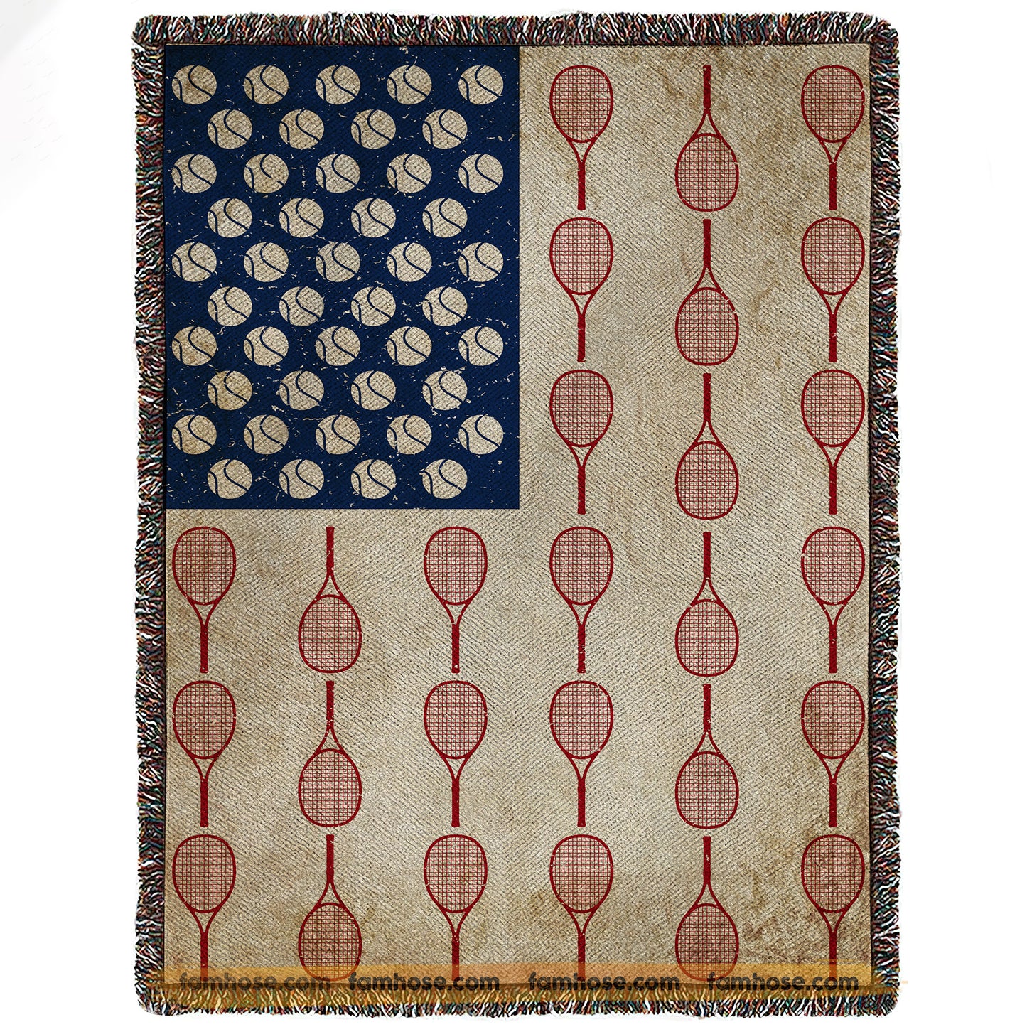 July 4th Tennis Fleece Blanket, American Flag Made From Tennis Sport Woven Blanket, Cool Sherpa Blanket Independence Day Gift For Tennis Lovers