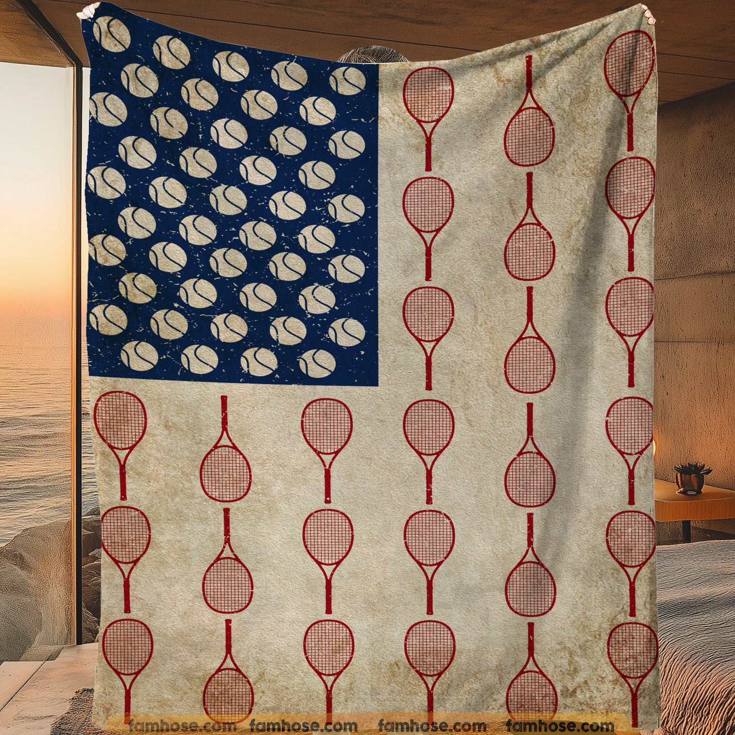 July 4th Tennis Fleece Blanket, American Flag Made From Tennis Sport Woven Blanket, Cool Sherpa Blanket Independence Day Gift For Tennis Lovers