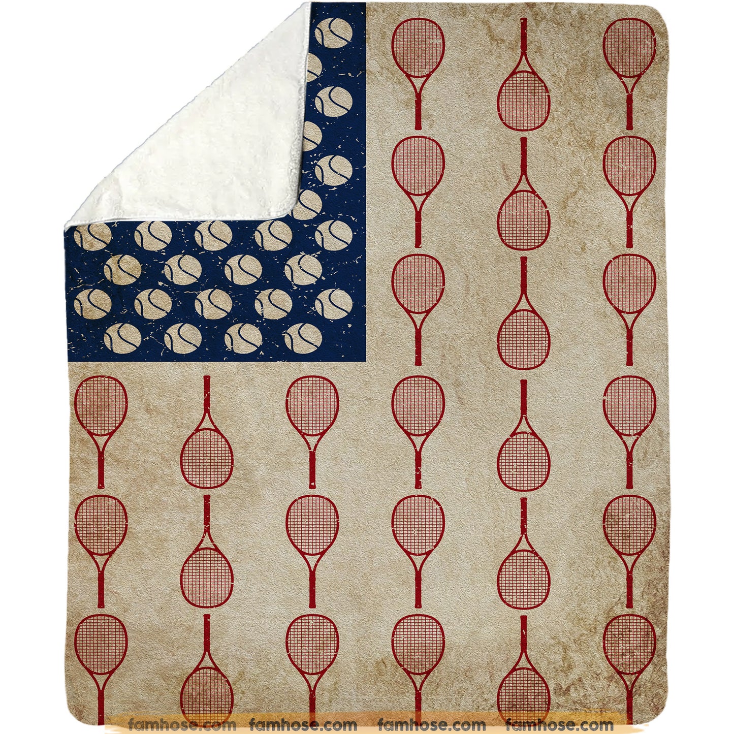 July 4th Tennis Fleece Blanket, American Flag Made From Tennis Sport Woven Blanket, Cool Sherpa Blanket Independence Day Gift For Tennis Lovers