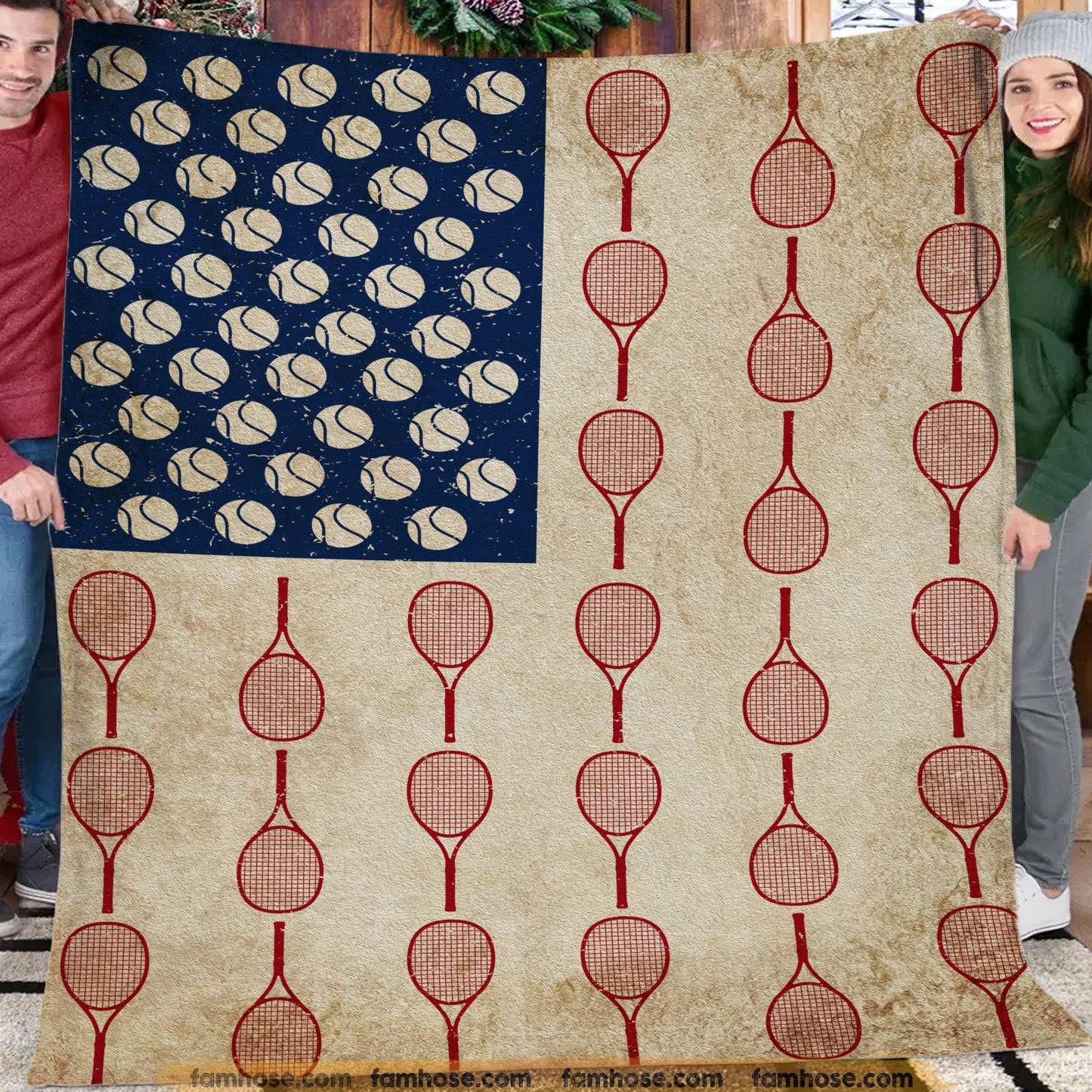 July 4th Tennis Fleece Blanket, American Flag Made From Tennis Sport Woven Blanket, Cool Sherpa Blanket Independence Day Gift For Tennis Lovers