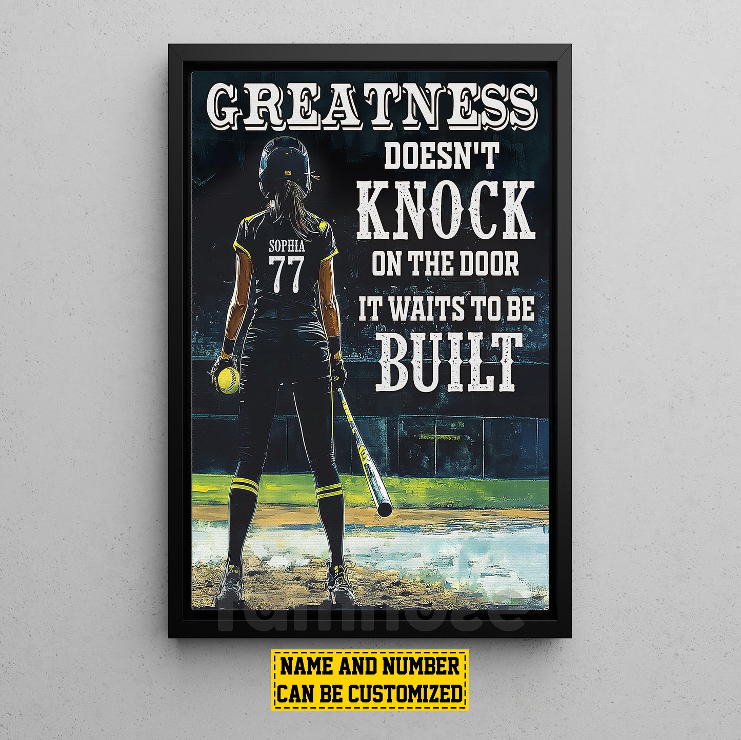 Motivational Personalized Softball Girl Canvas Painting, Greatness Doesn't Knock On The Door Sport Wall Art Decor, Poster Gift For Softball Lovers