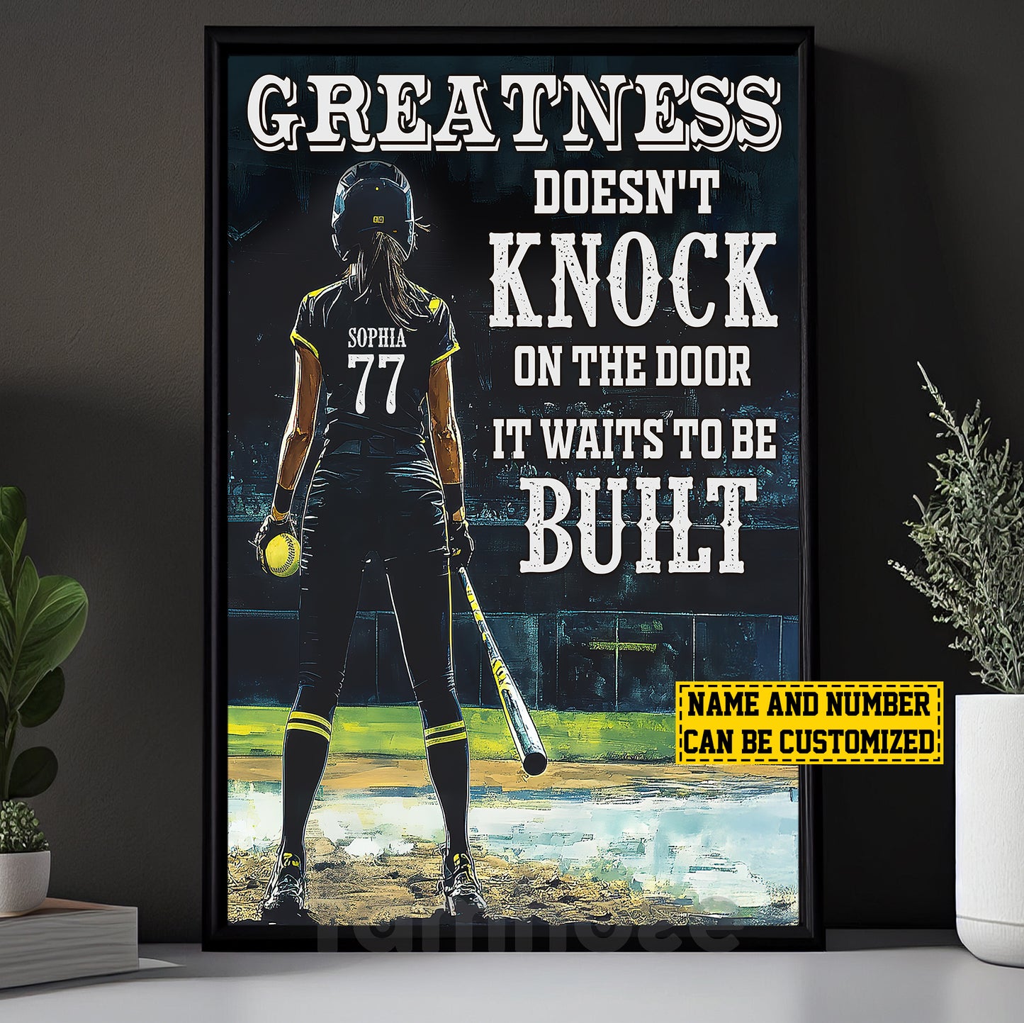 Motivational Personalized Softball Girl Canvas Painting, Greatness Doesn't Knock On The Door Sport Wall Art Decor, Poster Gift For Softball Lovers