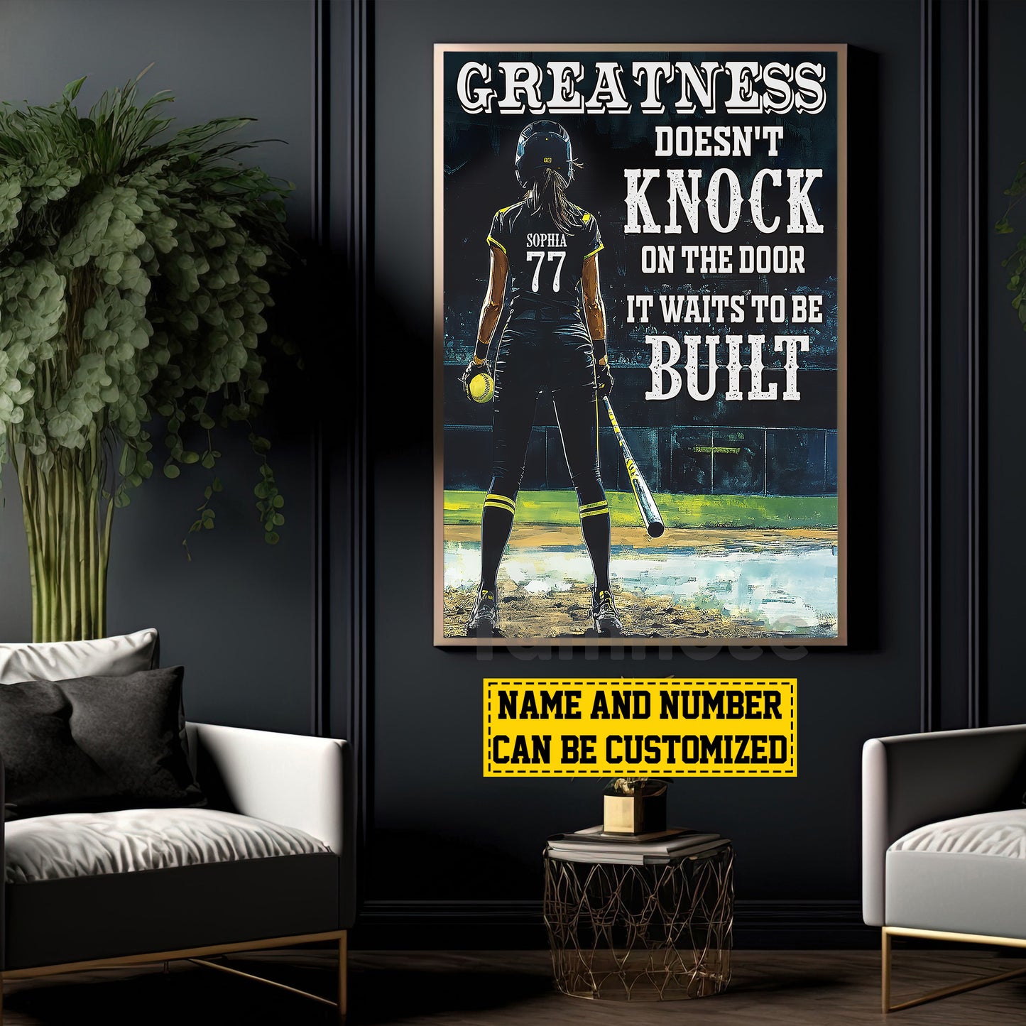 Motivational Personalized Softball Girl Canvas Painting, Greatness Doesn't Knock On The Door Sport Wall Art Decor, Poster Gift For Softball Lovers
