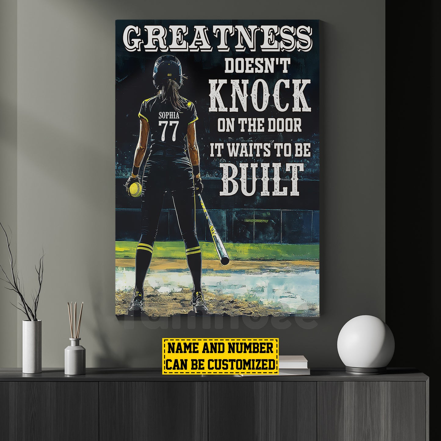Motivational Personalized Softball Girl Canvas Painting, Greatness Doesn't Knock On The Door Sport Wall Art Decor, Poster Gift For Softball Lovers