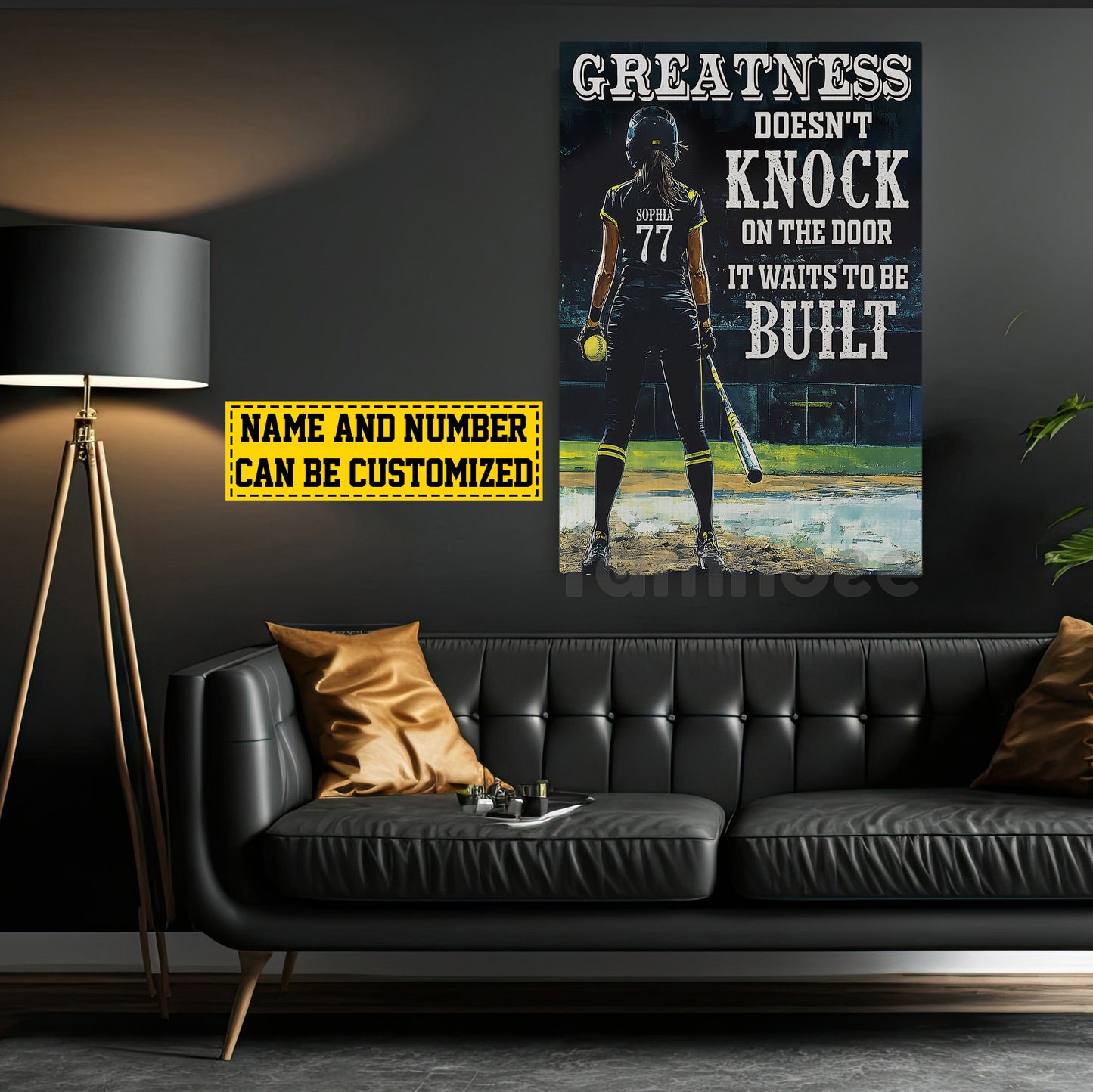 Motivational Personalized Softball Girl Canvas Painting, Greatness Doesn't Knock On The Door Sport Wall Art Decor, Poster Gift For Softball Lovers