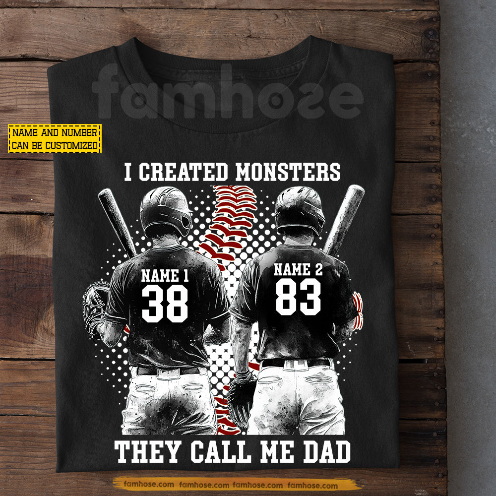 Personalized Baseball Dad & Two Son T-shirt, I Created Monsters They Call Me Dad Sport Tees Father's Day Gift For Baseball Lover