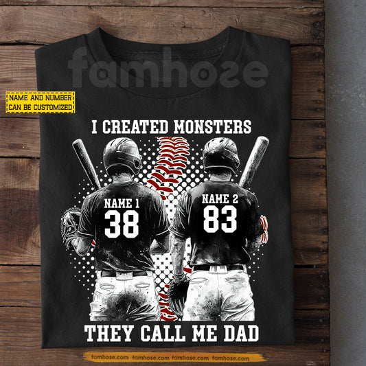 Personalized Baseball Dad & Two Son T-shirt, I Created Monsters They Call Me Dad Sport Tees Father's Day Gift For Baseball Lover