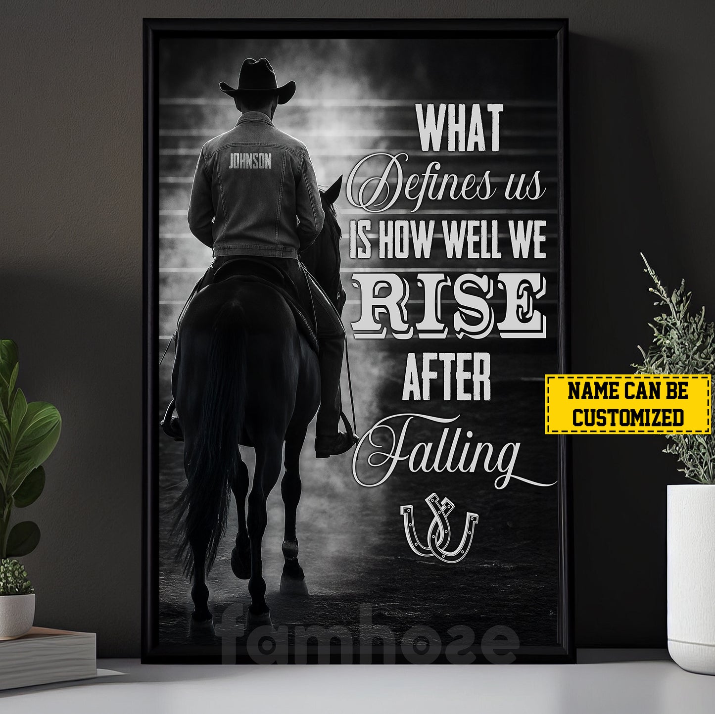 Motivational Personalized Cowboy Canvas Painting, What Defines Us Is How Well We Rise After Falling Wall Art Decor, Poster Gift For Cowboy Lovers