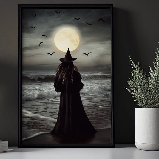 Witch Under The Moon At The Ocean Canvas Wall Art Print - Dark Witch Halloween Poster Print Art For Decorating Your Home
