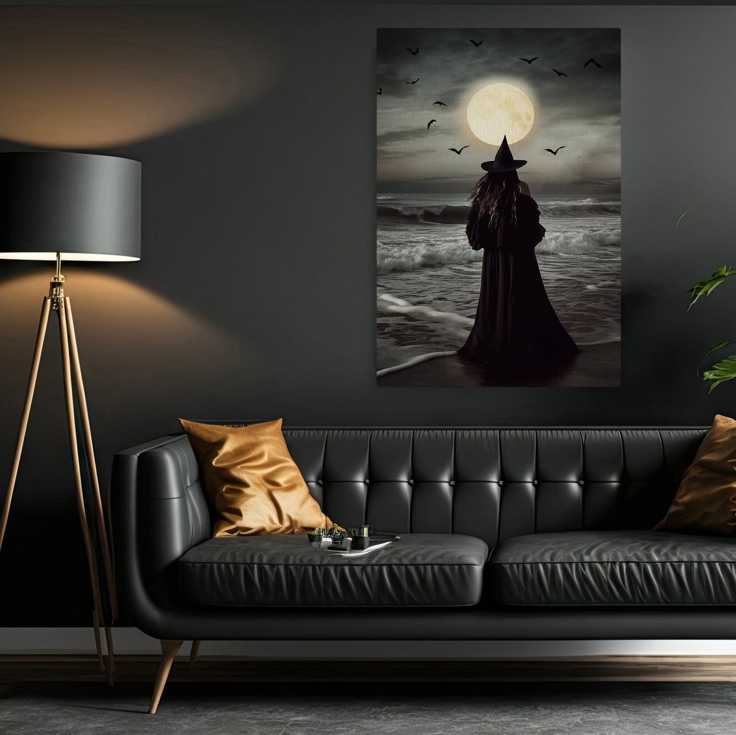 Witch Under The Moon At The Ocean Canvas Wall Art Print - Dark Witch Halloween Poster Print Art For Decorating Your Home