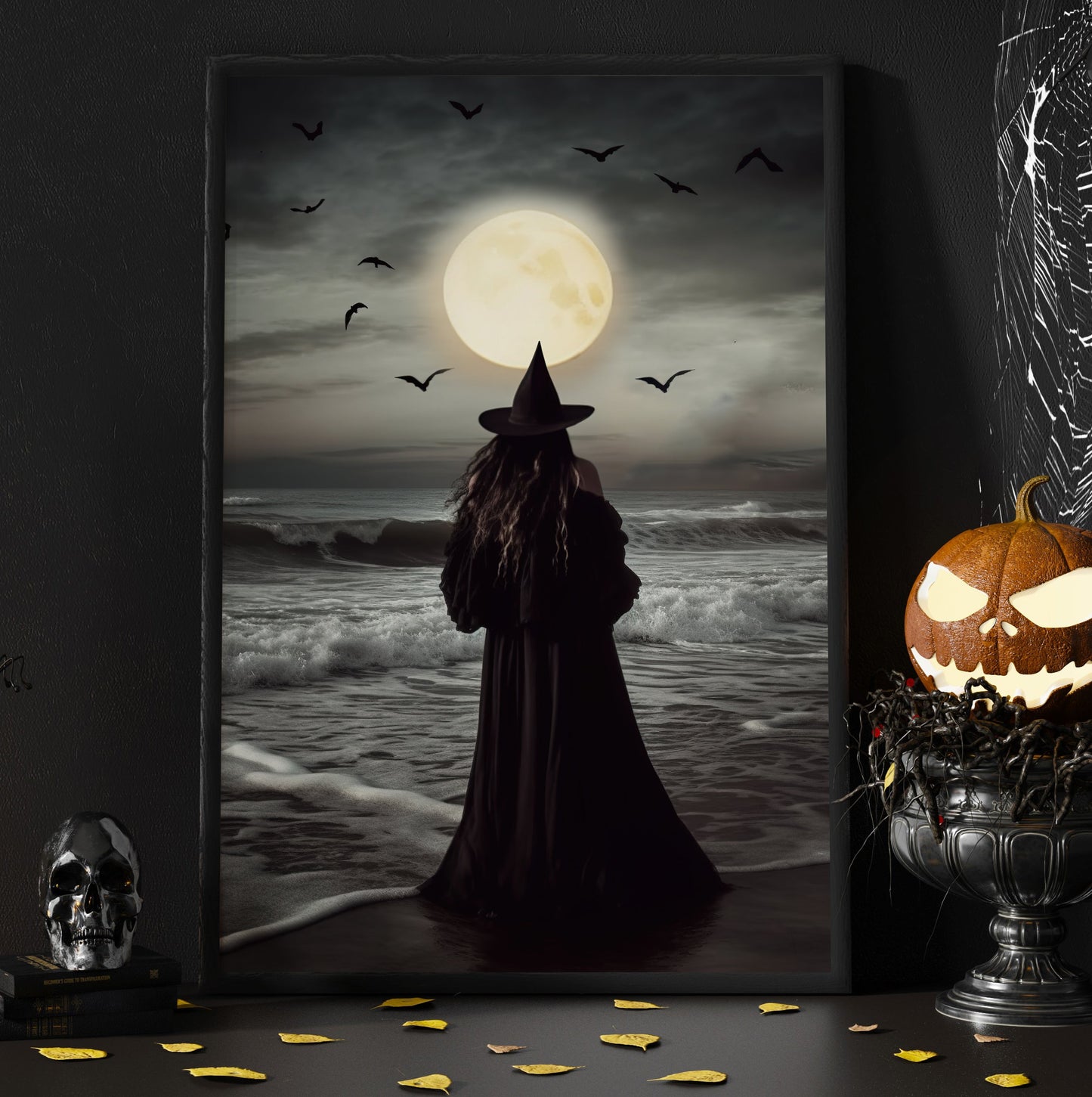 Witch Under The Moon At The Ocean Canvas Wall Art Print - Dark Witch Halloween Poster Print Art For Decorating Your Home