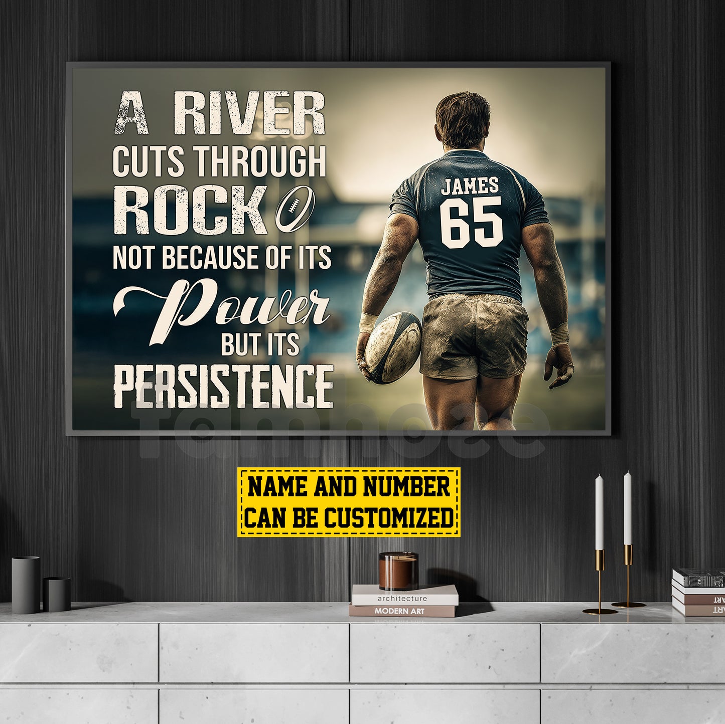 Motivational Personalized Rugby Man Canvas Painting, A River Cuts Though Rock Sport Wall Art Decor, Poster Gift For Rugby Lovers