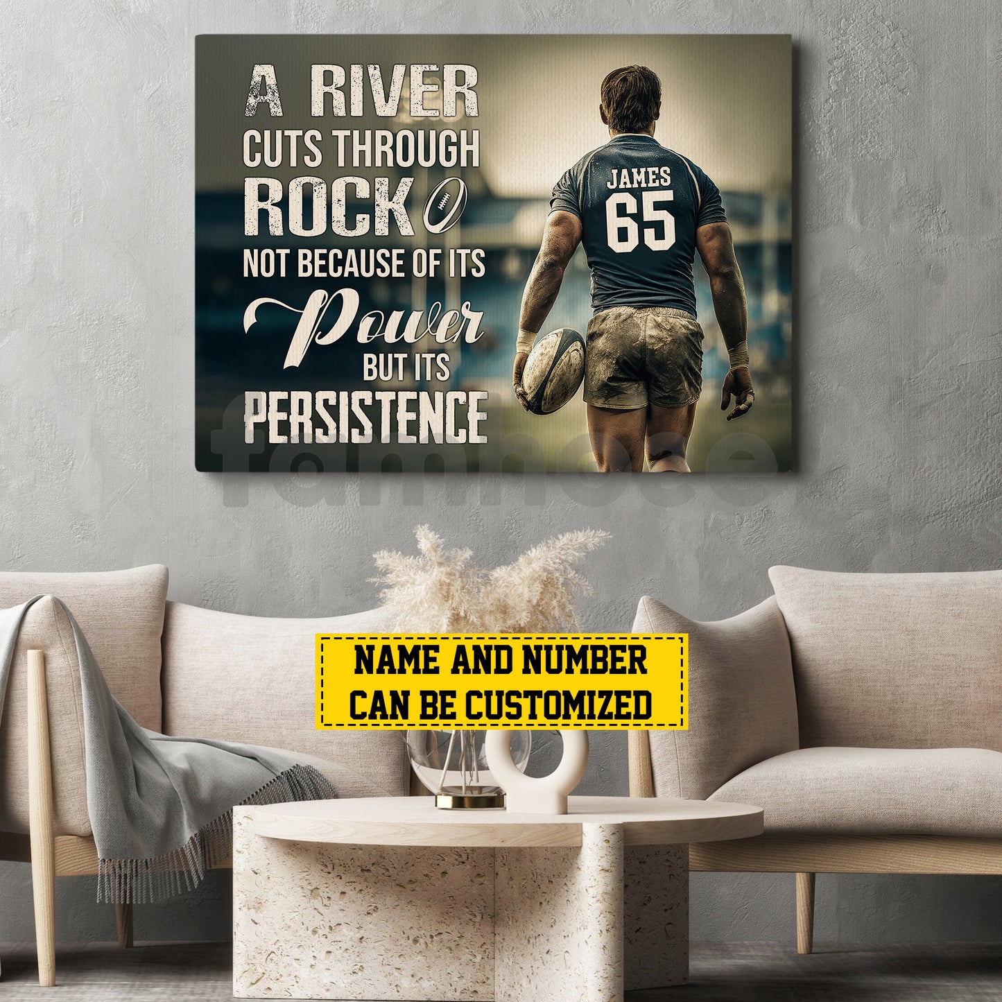 Motivational Personalized Rugby Man Canvas Painting, A River Cuts Though Rock Sport Wall Art Decor, Poster Gift For Rugby Lovers