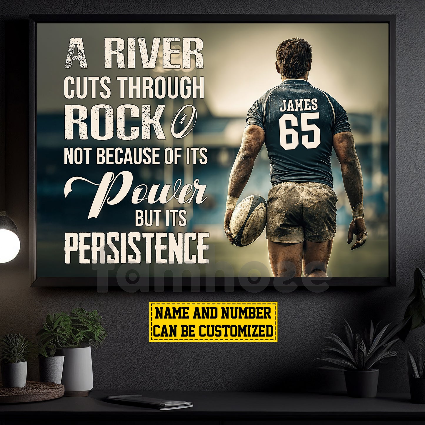 Motivational Personalized Rugby Man Canvas Painting, A River Cuts Though Rock Sport Wall Art Decor, Poster Gift For Rugby Lovers