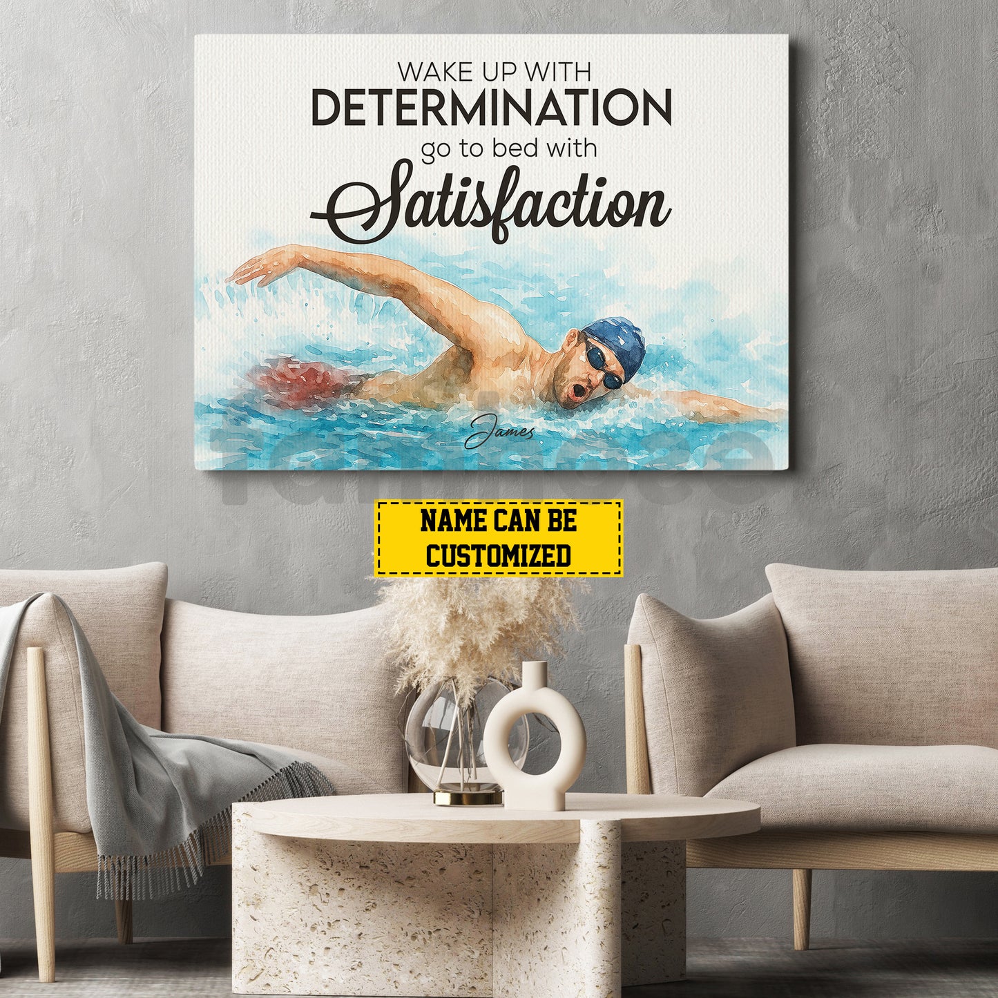Motivational Personalized Swimming Man Canvas Painting, Wake Up With Determination Sport Wall Art Decor, Poster Gift For Swimming Lovers