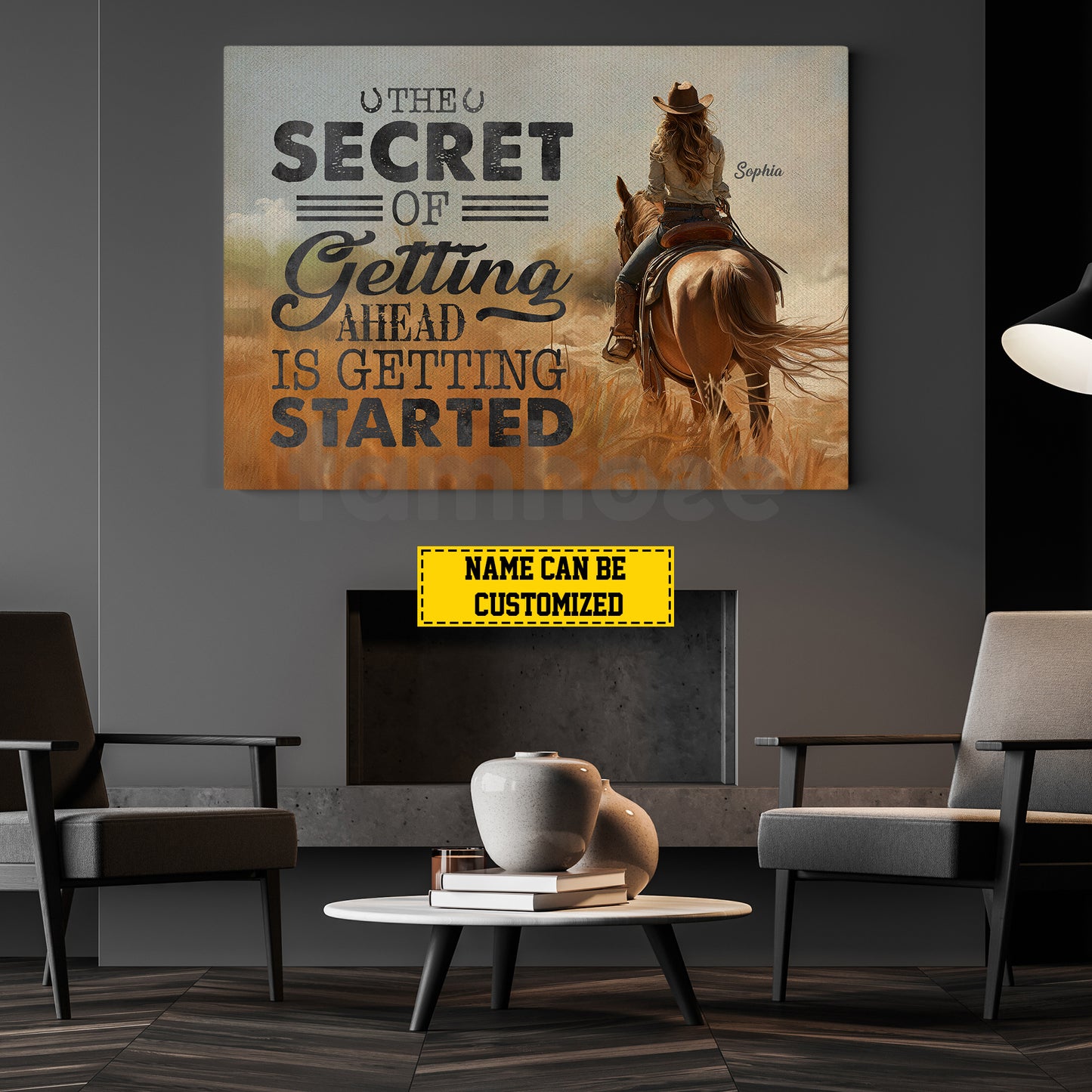 Personalized Cowgirl Riding Canvas Painting, The Secret Of Getting Ahead Inspirational Quote Wall Art Decor, Poster Gift For Cowgirl