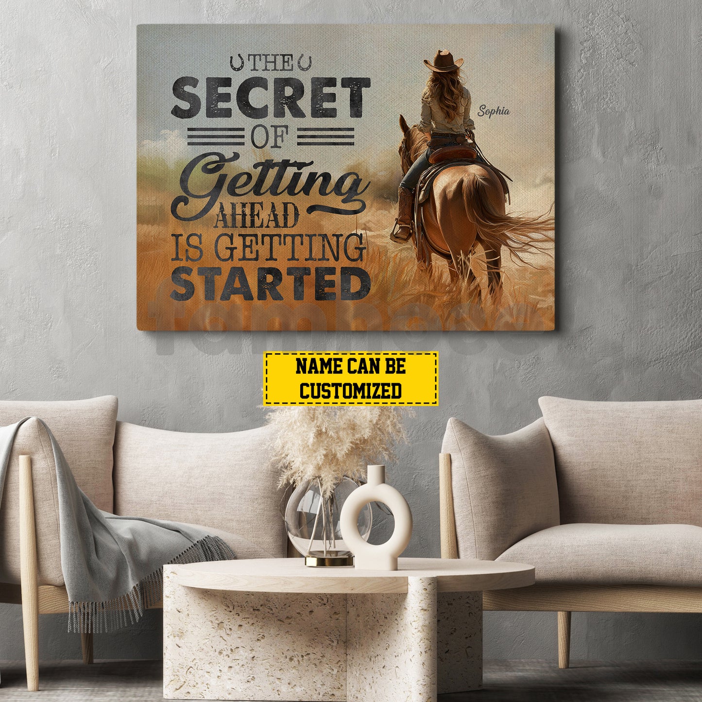 Personalized Cowgirl Riding Canvas Painting, The Secret Of Getting Ahead Inspirational Quote Wall Art Decor, Poster Gift For Cowgirl