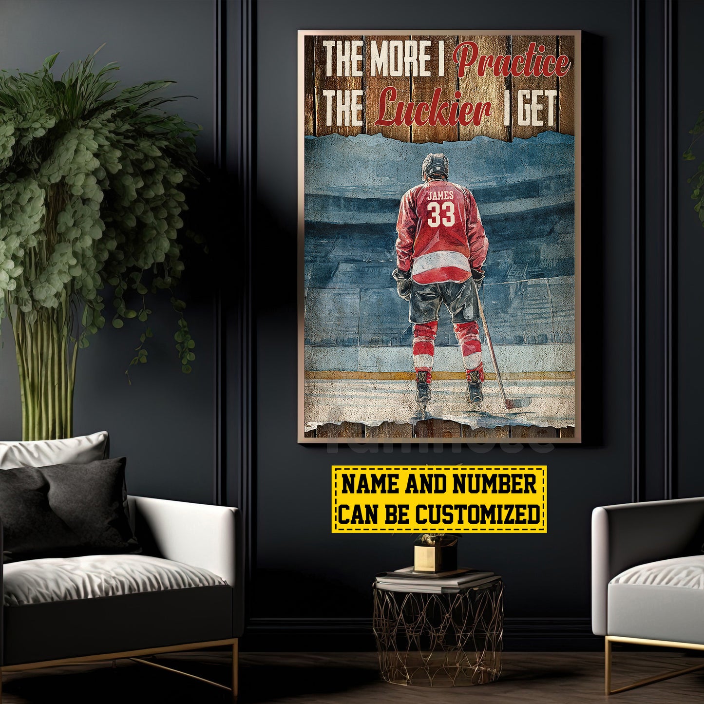 Personalized Hockey Man Canvas Painting, The More I Practice Inspirational Quote Wall Art Decor, Poster Gift For Hockey Lovers