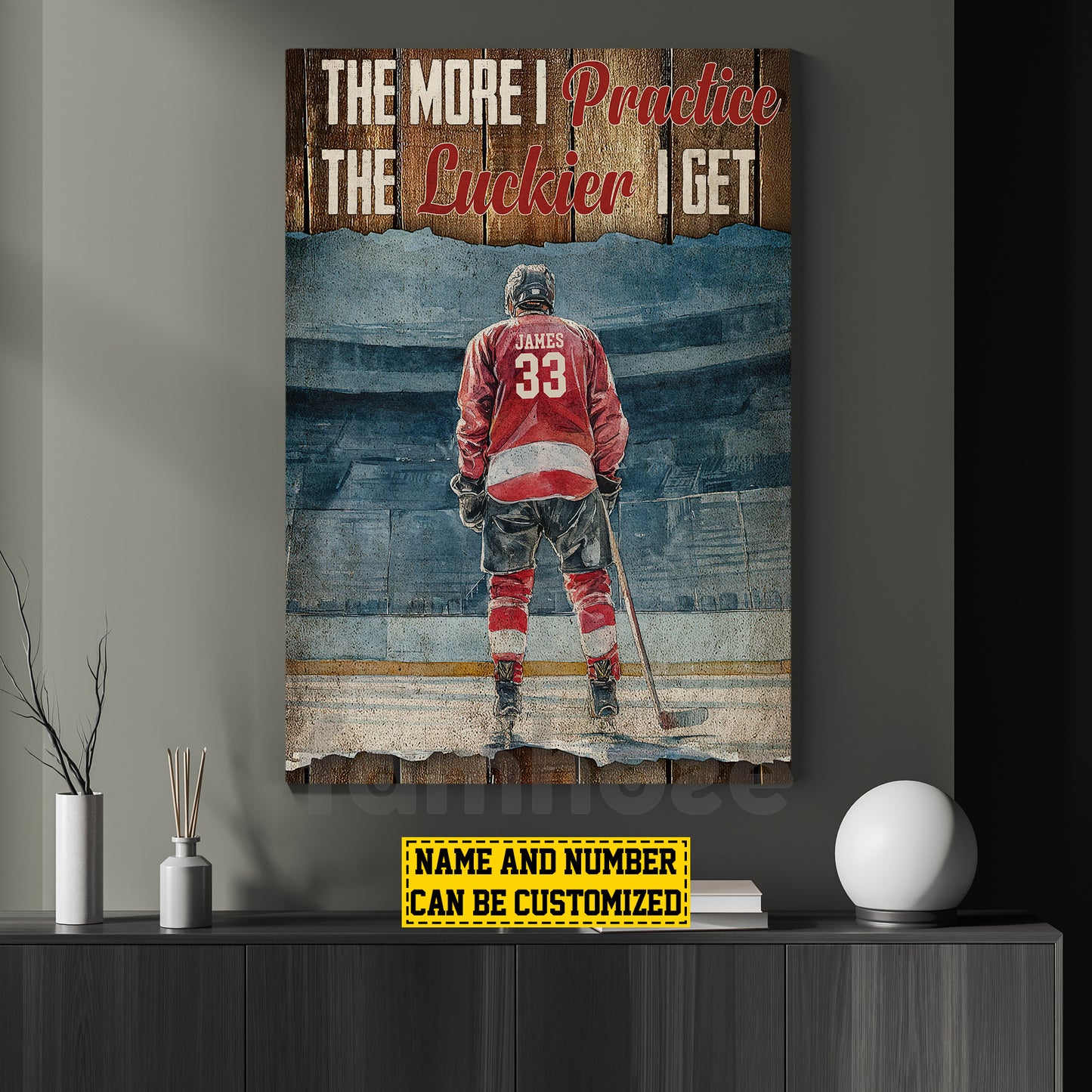 Personalized Hockey Man Canvas Painting, The More I Practice Inspirational Quote Wall Art Decor, Poster Gift For Hockey Lovers