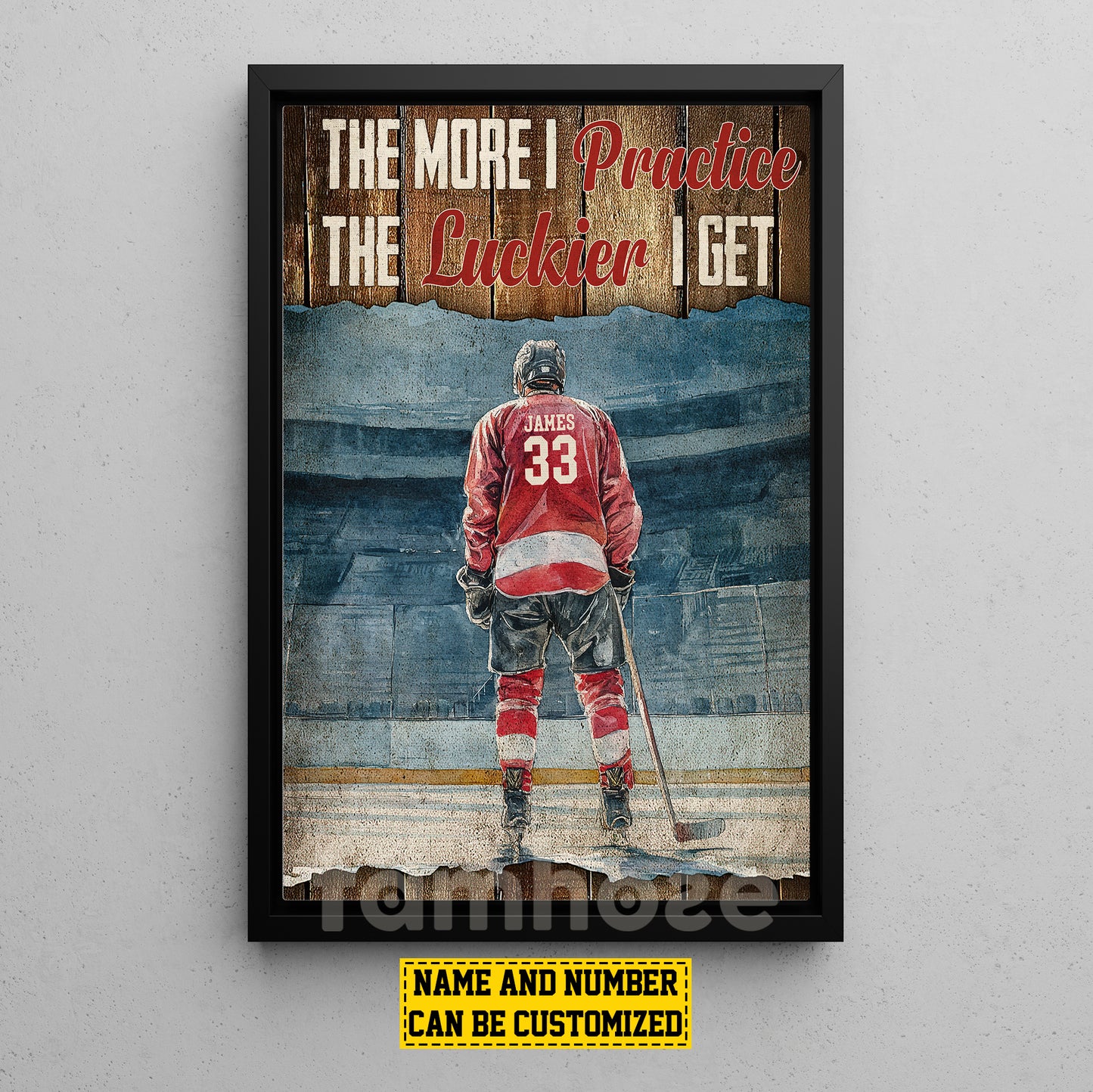 Personalized Hockey Man Canvas Painting, The More I Practice Inspirational Quote Wall Art Decor, Poster Gift For Hockey Lovers