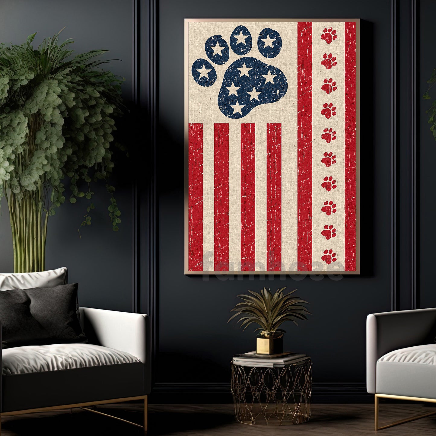 July 4th Dog Canvas Painting, Stars and Stripes, Patriotic Paw Wall Art Decor, Poster Gift For Dog Lovers