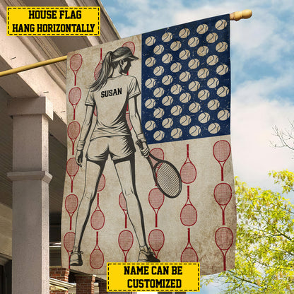 Personalized July 4th Tennis Girl American Garden Flag & House Flag, Independence Day Patriotic Tennis USA Yard Flag Gift For Tennis Lovers, Tennis Players