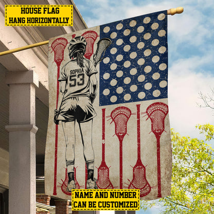 Personalized July 4th Lacrosse Girl American Garden Flag & House Flag, Independence Day Patriotic Lacrosse USA Yard Flag Gift For Lacrosse Lovers
