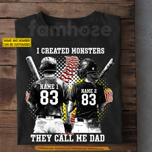 Personalized Baseball Son & Softball Daughter T-shirt, I Created Monsters They Call Me Dad Sport Tees Father's Day Gift For Baseball Lover, Softball Lover