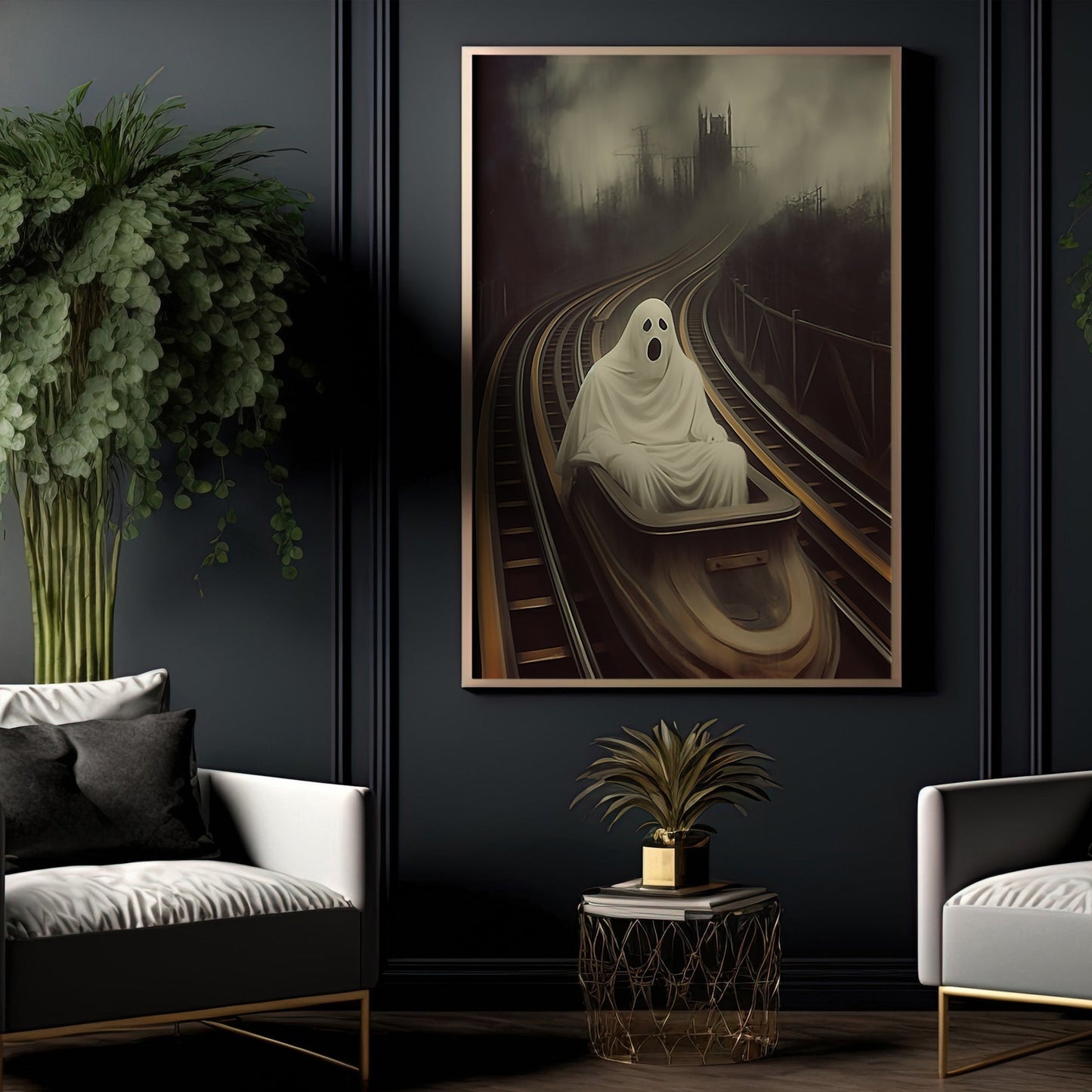 The Ghost Plays Glider Halloween Canvas Painting, Wall Art Decor - Dark Ghost Halloween Poster Gift