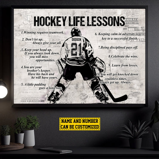 Hockey Life Lessons, Personalized Motivational Goaltender Hockey Canvas Painting, Inspirational Quotes Wall Art Decor, Poster Gift For Goaltender