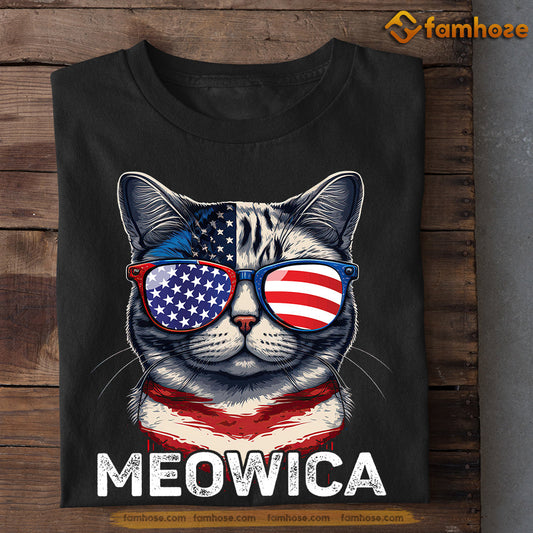 July 4th Cool Cat T-shirt, Meowica With Glasses, Independence Day Gift For Cat Lovers, Cat Owners, Cat Tees